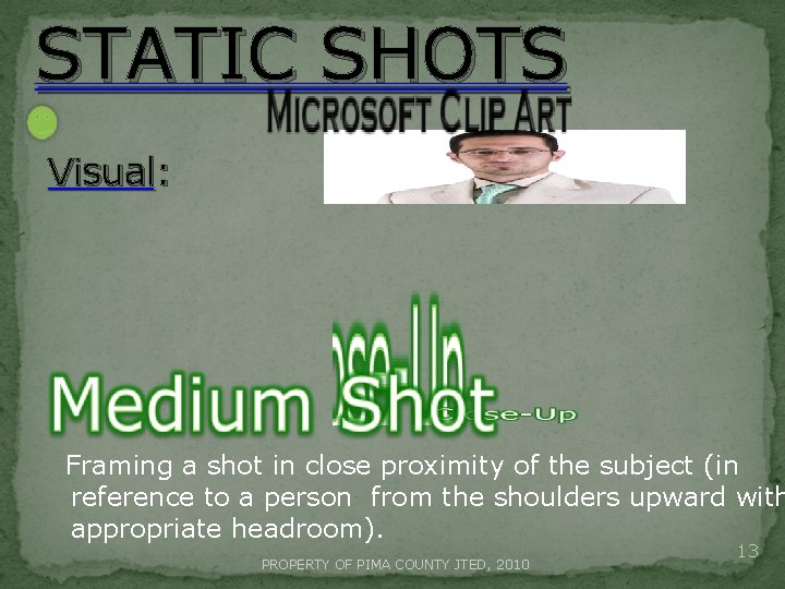 STATIC SHOTS Visual: Framing a shot in close proximity of the subject (in reference