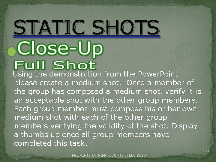 STATIC SHOTS Using the demonstration from the Power. Point please create a medium shot.