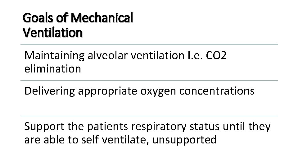 Goals of Mechanical Ventilation Maintaining alveolar ventilation I. e. CO 2 elimination Delivering appropriate