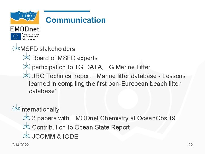 Communication MSFD stakeholders Board of MSFD experts participation to TG DATA, TG Marine Litter