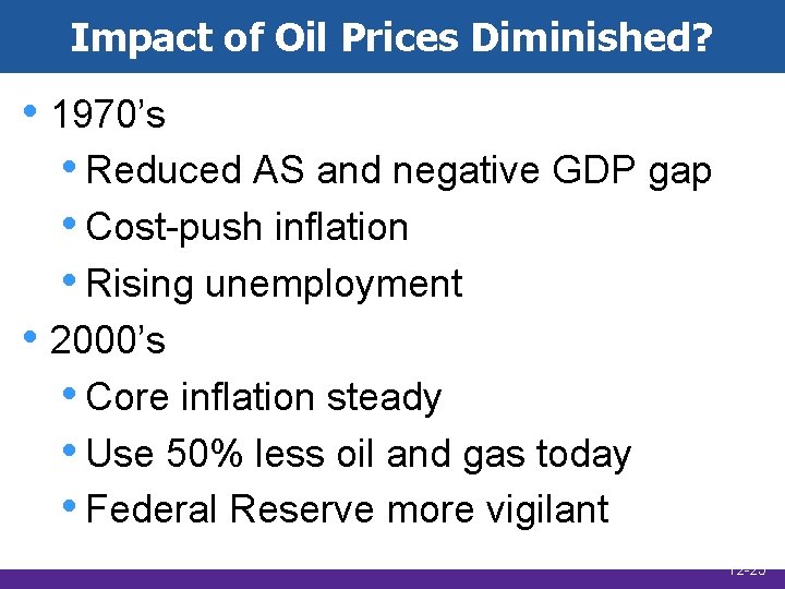 Impact of Oil Prices Diminished? • 1970’s • Reduced AS and negative GDP gap