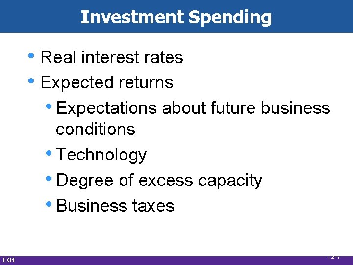 Investment Spending • Real interest rates • Expected returns • Expectations about future business