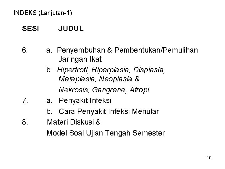 INDEKS (Lanjutan-1) SESI 6. 7. 8. JUDUL a. Penyembuhan & Pembentukan/Pemulihan Jaringan Ikat b.