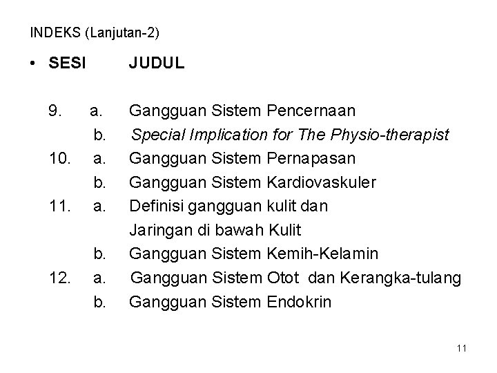 INDEKS (Lanjutan-2) • SESI 9. 10. 11. 12. JUDUL a. b. Gangguan Sistem Pencernaan