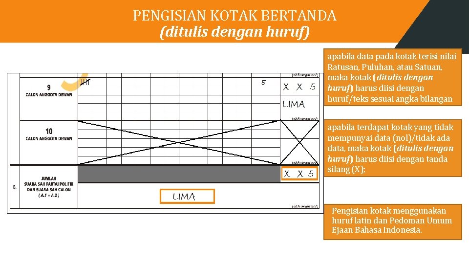 PENGISIAN KOTAK BERTANDA (ditulis dengan huruf) apabila data pada kotak terisi nilai Ratusan, Puluhan,