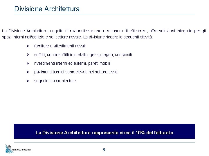 Divisione Architettura La Divisione Architettura, oggetto di razionalizzazione e recupero di efficienza, offre soluzioni