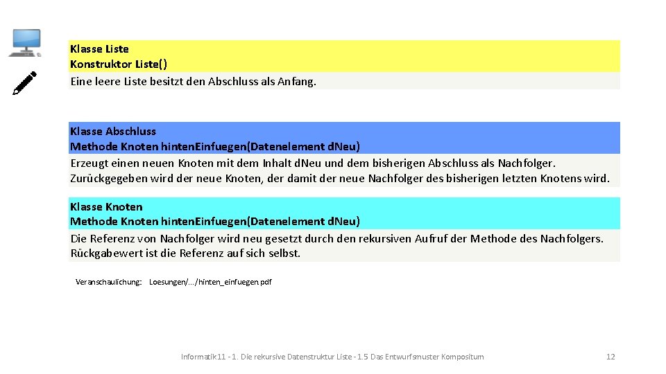 Klasse Liste Konstruktor Liste() Eine leere Liste besitzt den Abschluss als Anfang. Klasse Abschluss