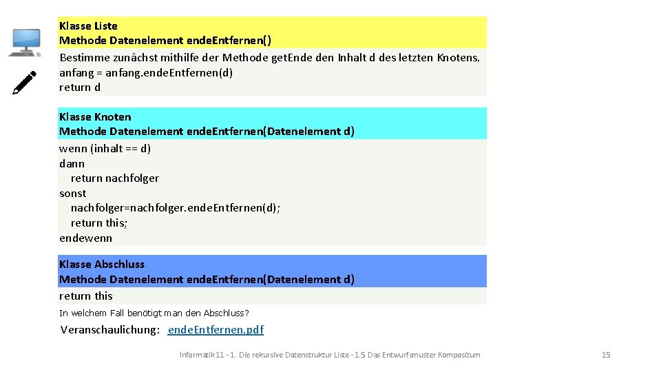 Klasse Liste Methode Datenelement ende. Entfernen() Bestimme zunächst mithilfe der Methode get. Ende den