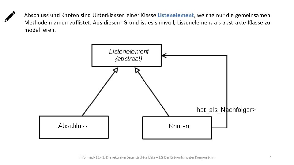 Abschluss und Knoten sind Unterklassen einer Klasse Listenelement, welche nur die gemeinsamen Methodennamen auflistet.