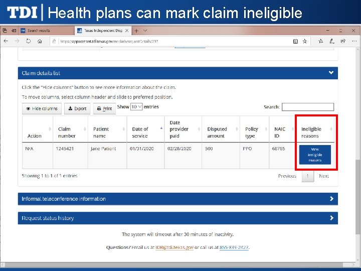 Health plans can mark claim ineligible 