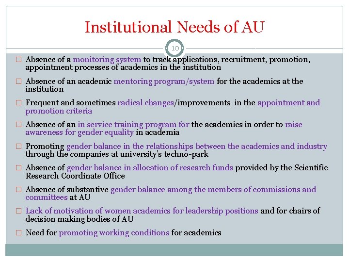Institutional Needs of AU 10 � Absence of a monitoring system to track applications,
