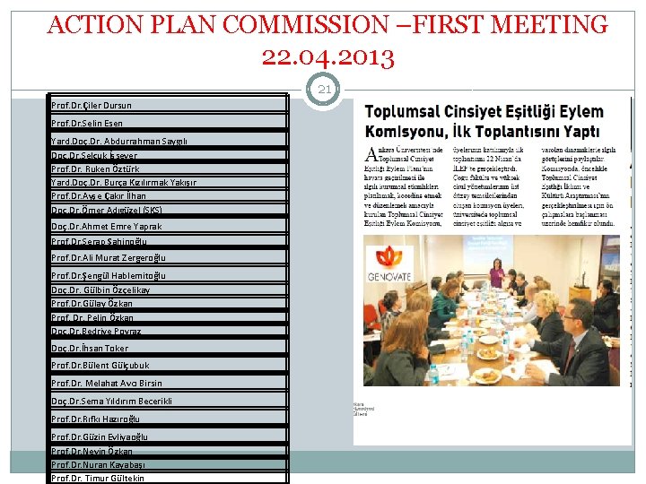 ACTION PLAN COMMISSION –FIRST MEETING 22. 04. 2013 21 Prof. Dr. Çiler Dursun Prof.