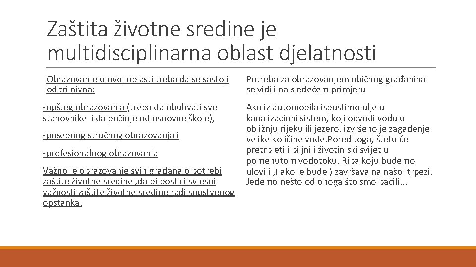 Zaštita životne sredine je multidisciplinarna oblast djelatnosti Obrazovanje u ovoj oblasti treba da se