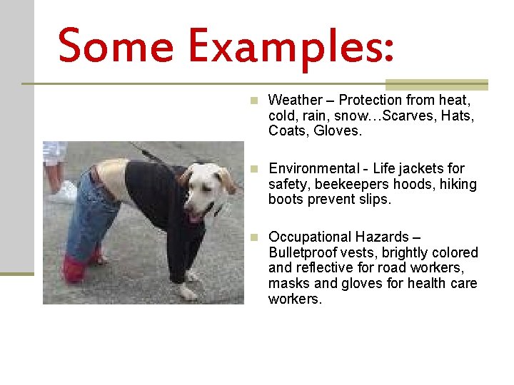 Some Examples: n Weather – Protection from heat, cold, rain, snow…Scarves, Hats, Coats, Gloves.
