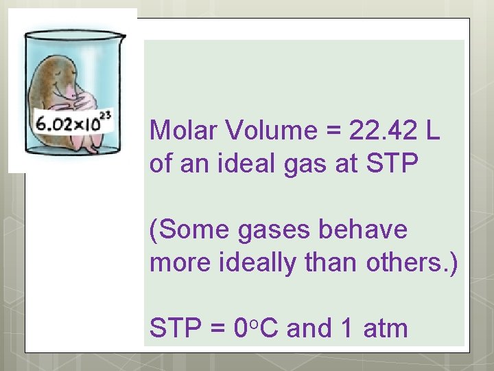 Molar Volume = 22. 42 L of an ideal gas at STP (Some gases