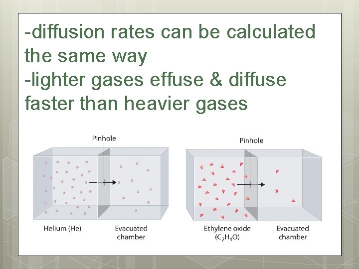 -diffusion rates can be calculated the same way -lighter gases effuse & diffuse faster