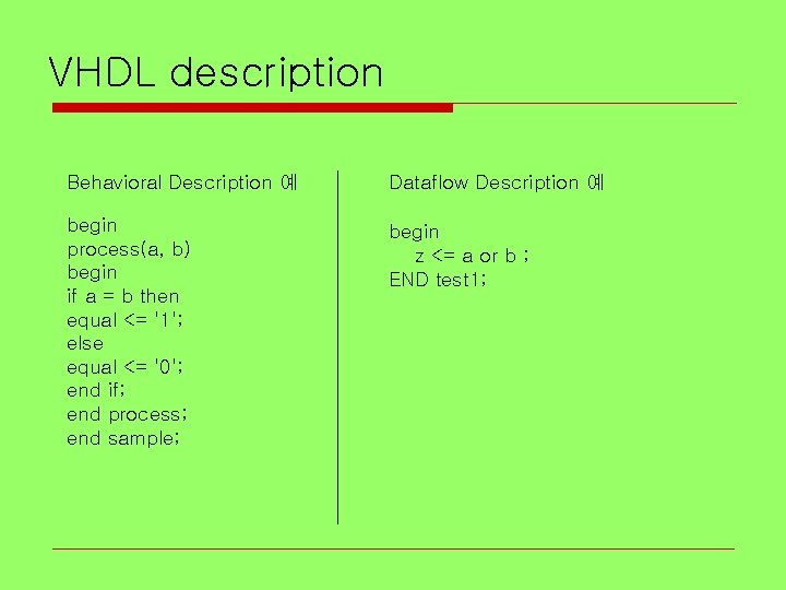 VHDL description Behavioral Description 예 Dataflow Description 예 begin process(a, b) begin if a