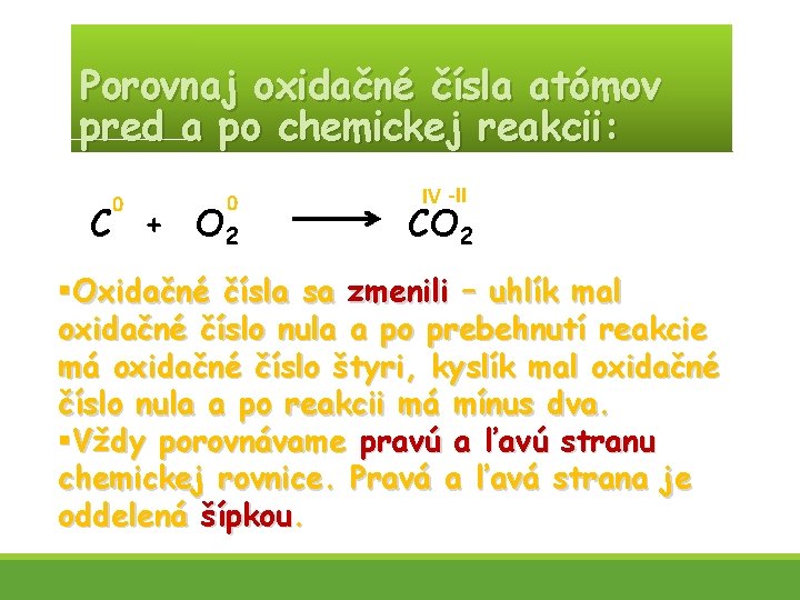 Porovnaj oxidačné čísla atómov pred a po chemickej reakcii: 0 0 C + O