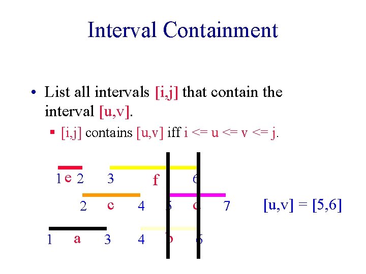 Interval Containment • List all intervals [i, j] that contain the interval [u, v].