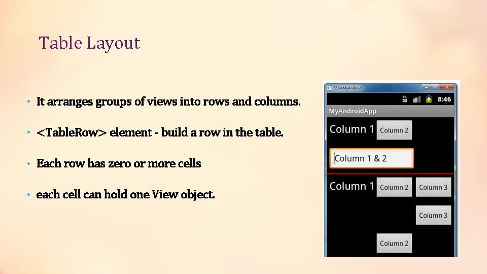 Table Layout • It arranges groups of views into rows and columns. • <Table.