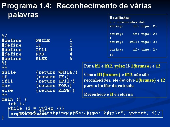 Programa 1. 4: Reconhecimento de várias palavras Resultados: a < reservadas. dat string: if;