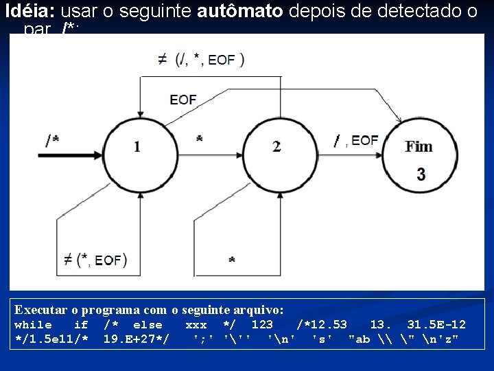 Idéia: usar o seguinte autômato depois de detectado o par /*: Executar o programa