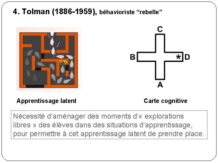 4. Tolman (1886 -1959), béhavioriste “rebelle” Apprentissage latent Carte cognitive Nécessité d’aménager des moments