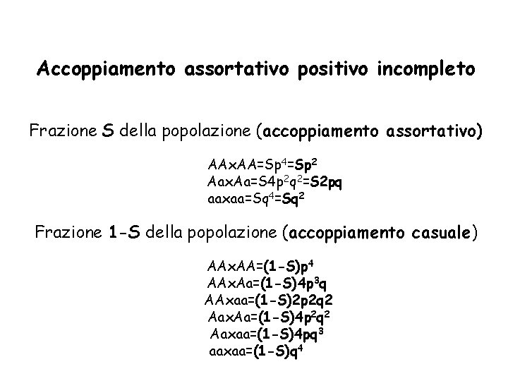 Accoppiamento assortativo positivo incompleto Frazione S della popolazione (accoppiamento assortativo) AAx. AA=Sp 4=Sp 2