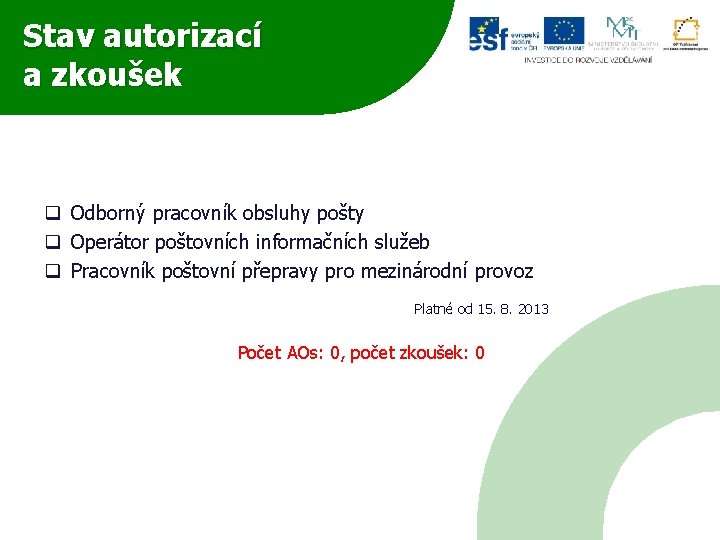 Stav autorizací a zkoušek q Odborný pracovník obsluhy pošty q Operátor poštovních informačních služeb