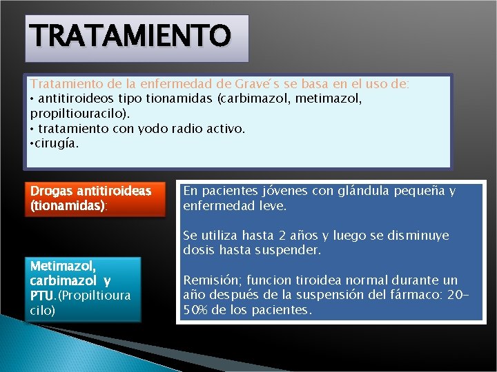 TRATAMIENTO Tratamiento de la enfermedad de Grave s se basa en el uso de: