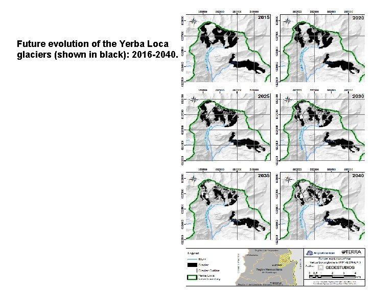 Future evolution of the Yerba Loca glaciers (shown in black): 2016 -2040. 