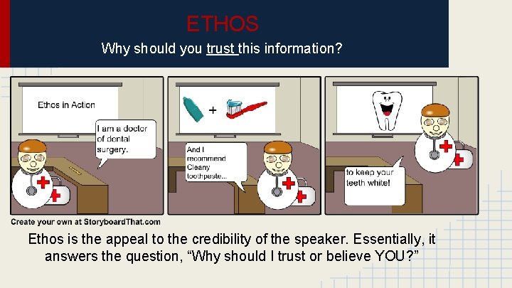 ETHOS Why should you trust this information? Ethos is the appeal to the credibility