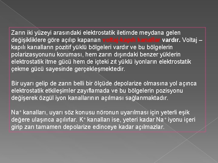 Zarın iki yüzeyi arasındaki elektrostatik iletimde meydana gelen değişikliklere göre açılıp kapanan voltaj-kapılı kanallar