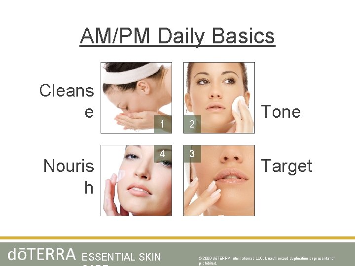 AM/PM Daily Basics Cleans e Nouris h 1 2 4 3 ESSENTIAL SKIN Tone