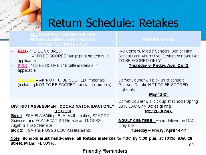 Return Schedule: Retakes ALL FCAT/FCAT 2. 0 RETAKE AND NGSSS ALGEBRA 1 EOC RETAKE