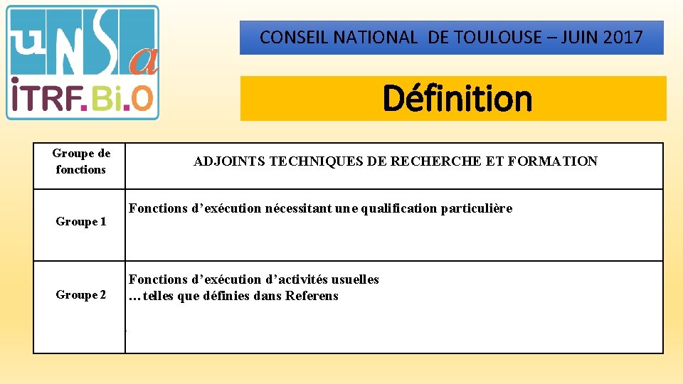 CONSEIL NATIONAL DE TOULOUSE – JUIN 2017 Définition Groupe de fonctions ADJOINTS TECHNIQUES DE