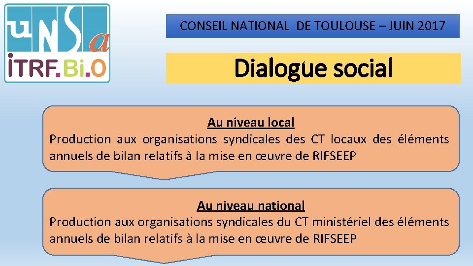 CONSEIL NATIONAL DE TOULOUSE – JUIN 2017 Dialogue social Au niveau local Production aux