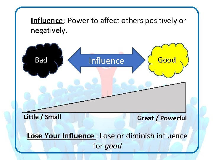 Influence : Power to affect others positively or negatively. Bad Little / Small Influence