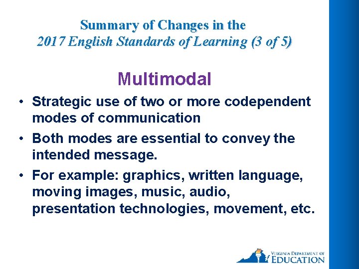 Summary of Changes in the 2017 English Standards of Learning (3 of 5) Multimodal