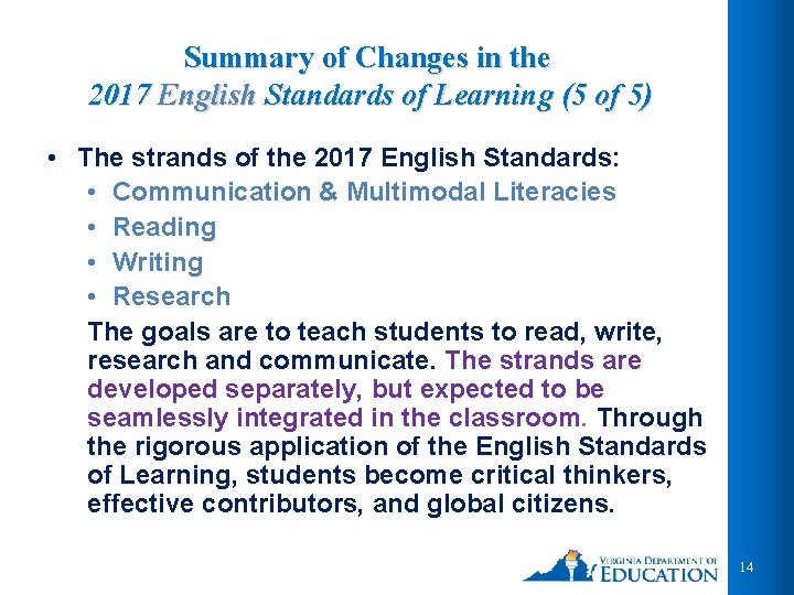 Summary of Changes in the 2017 English Standards of Learning (5 of 5) •