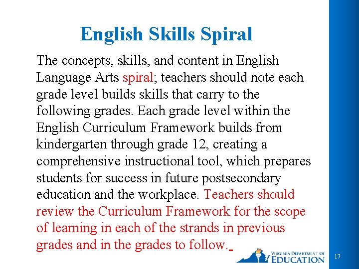 English Skills Spiral The concepts, skills, and content in English Language Arts spiral; teachers