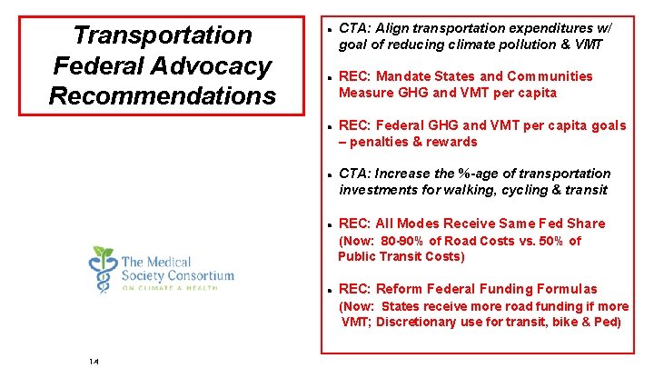 Transportation Federal Advocacy Recommendations CTA: Align transportation expenditures w/ goal of reducing climate pollution