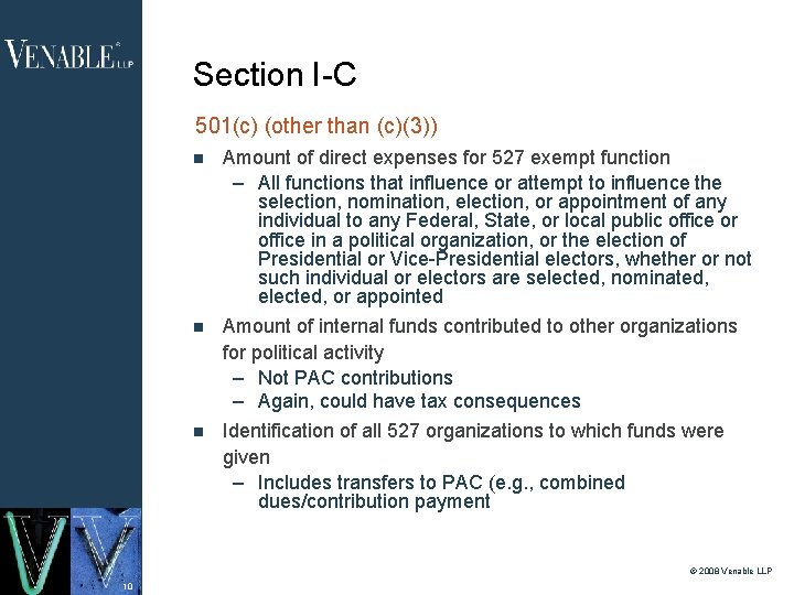 Section I-C 501(c) (other than (c)(3)) Amount of direct expenses for 527 exempt function