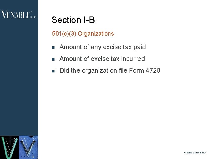 Section I-B 501(c)(3) Organizations Amount of any excise tax paid Amount of excise tax