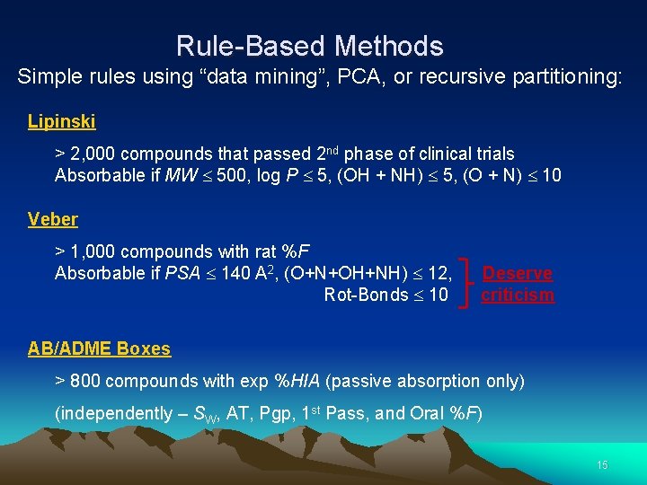 Rule-Based Methods Simple rules using “data mining”, PCA, or recursive partitioning: Lipinski > 2,