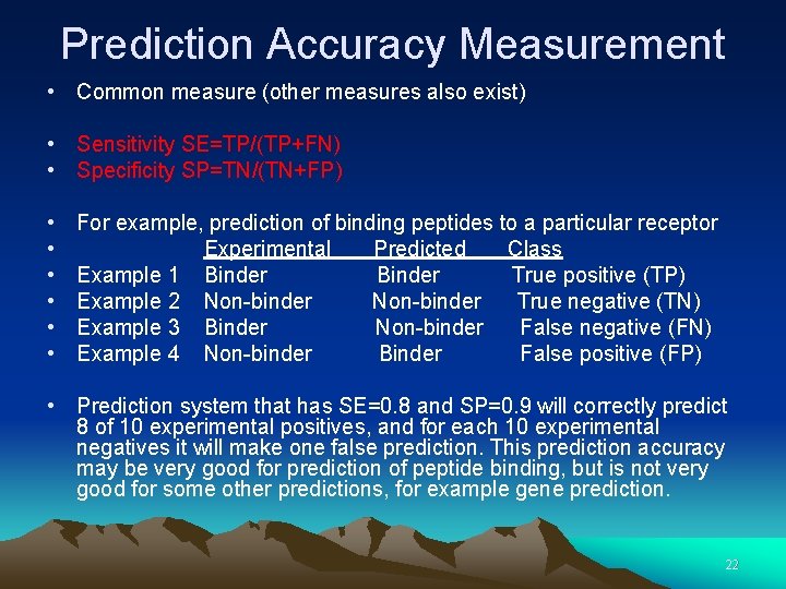 Prediction Accuracy Measurement • Common measure (other measures also exist) • Sensitivity SE=TP/(TP+FN) •