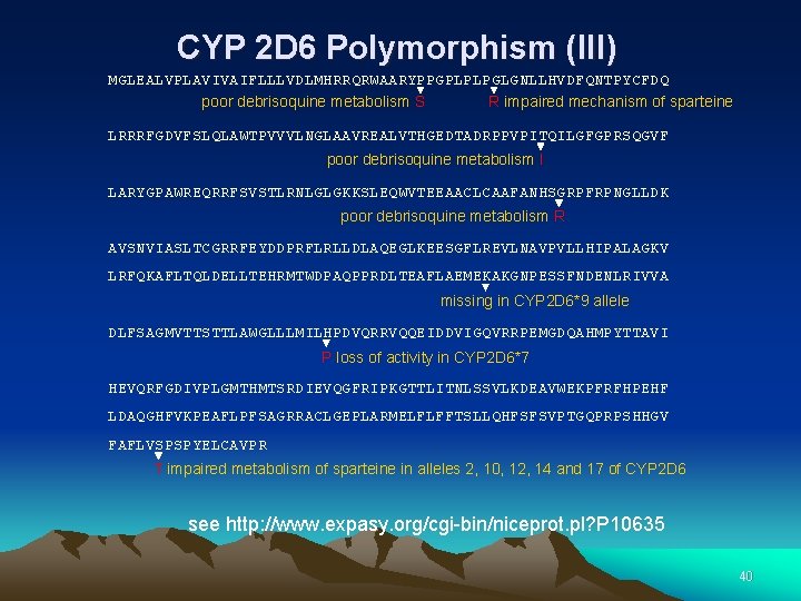 CYP 2 D 6 Polymorphism (III) MGLEALVPLAVIVAIFLLLVDLMHRRQRWAARYPPGPLPLPGLGNLLHVDFQNTPYCFDQ poor debrisoquine metabolism S R impaired mechanism