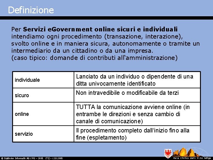 Definizione Per Servizi e. Government online sicuri e individuali intendiamo ogni procedimento (transazione, interazione),