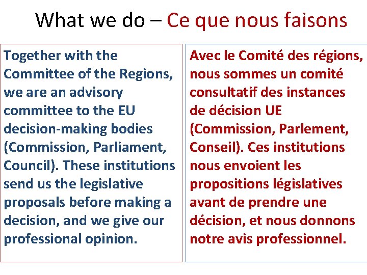 What we do – Ce que nous faisons Together with the Committee of the