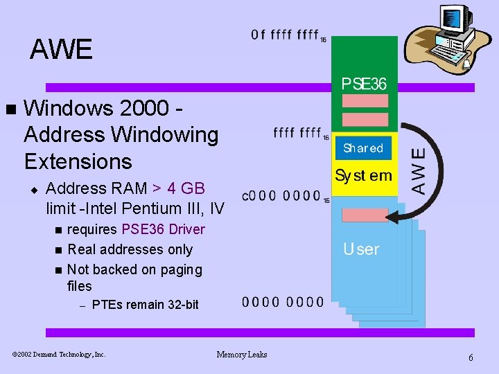 AWE n Windows 2000 Address Windowing Extensions ¨ Address RAM > 4 GB limit